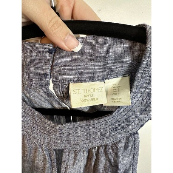 St. Tropez West Dress Small Blue Linen Sleeveless A-Line Keyhole Chambray Vacay - Picture 9 of 9